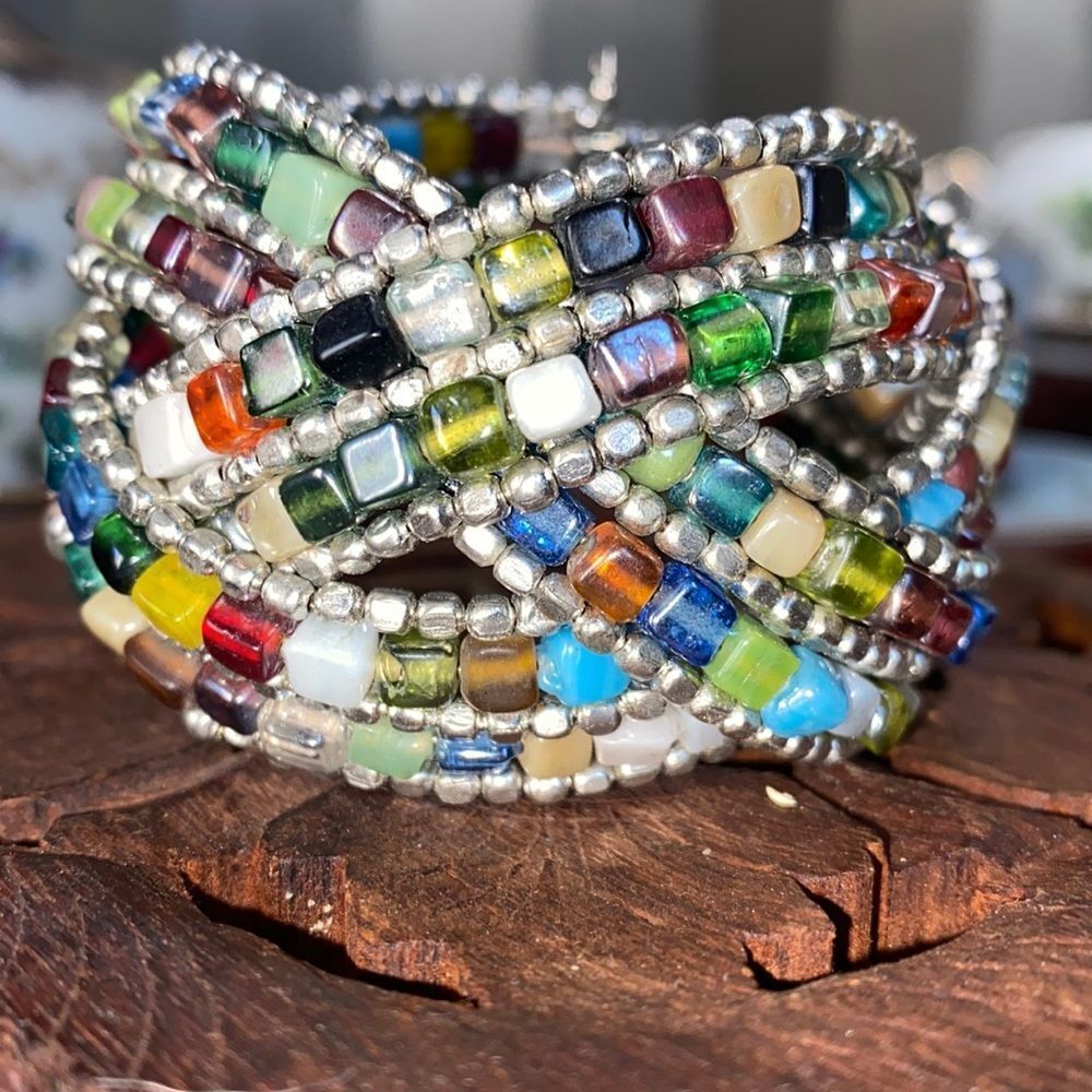 Bohemian Braided Multicolored Beaded Cuff Bracelet